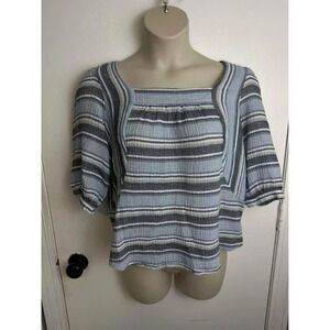 Cotton Women Blue 3/4 Sleeve Blouse cottagecore beachy Size Large #0594